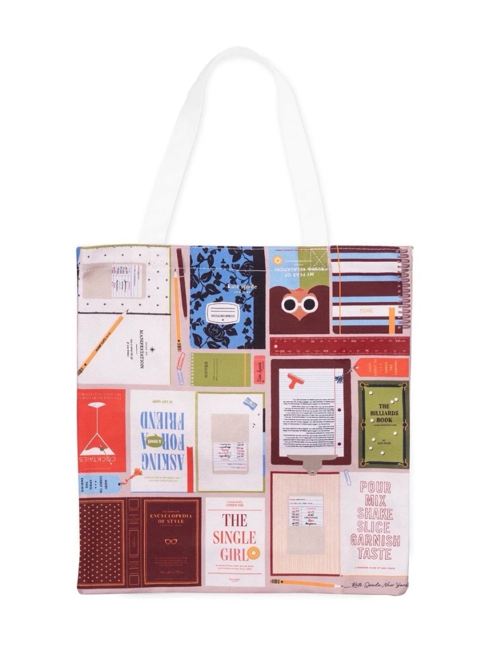 kate spade Multi-Color “Book Club” Print Canvas Tote with White Handles